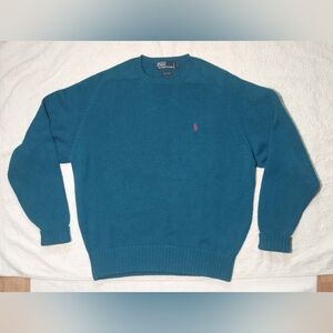 POLO Ralph Lauren 100% Cotton Pony Embroidery Teal Blue Knit Sweater -Mens Med